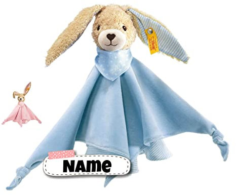 Steiff Schnuffeltuch mit Namen | Bio Baumwolle | Steiff Schmusetuch Bestickt mit Name | Kuscheltuch Baby personalisiert (René Hase hellblau)