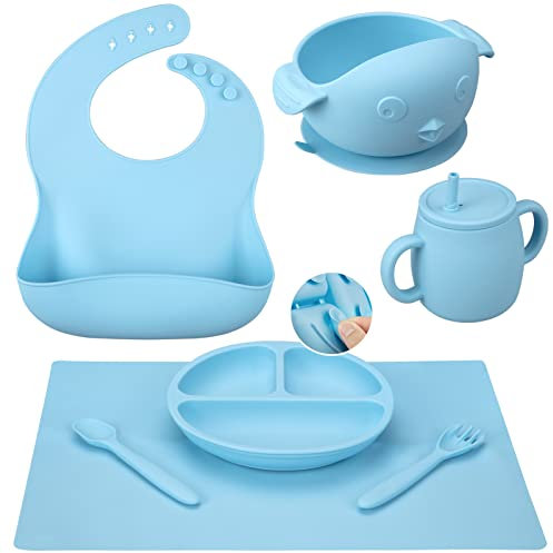 CUSWARE kindergeschirr set, kinderteller mit saugnapf, 7 Stücke Rutschfest Geschirr Sets mit Saugnapf Teller Löffel Gabel Schüssel Lätzchen BPA Frei Kindergeschirr für Kleinkinder Kinder