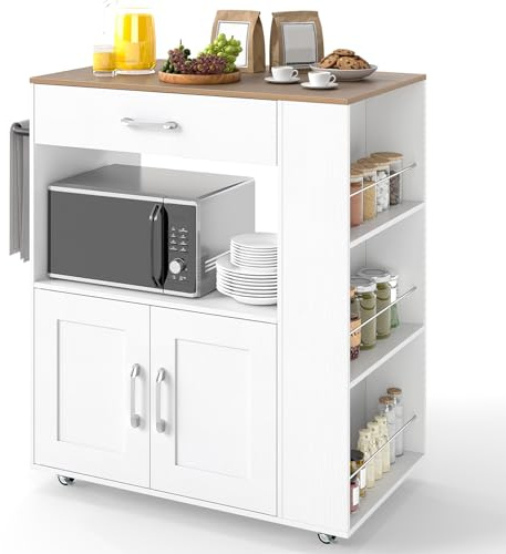 COSTWAY Carrello da Cucina con Ruote, Isola da Cucina con 3 Portaspezie 1 Cassetto Armadietto a 2 Porte, Carrello Portaoggetti con Portasciugamani, 82x46x92 cm (Bianco)