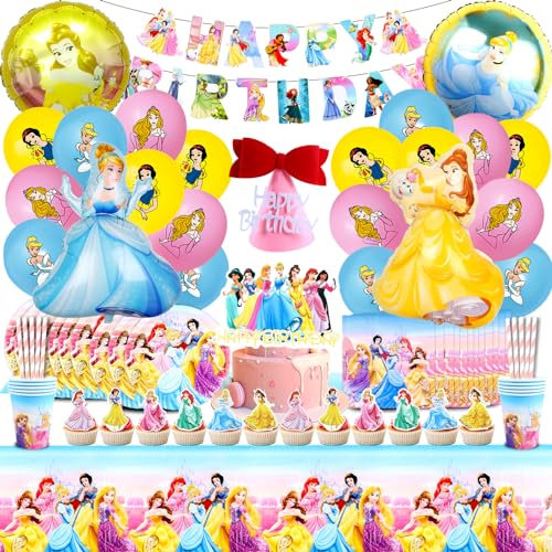 YAXMME 100Pcs Princess Birthday Tableware - Princess Decorations, Party Supplies Set Including Plates, Cups, Tablecloth, Banners for 10 Guests