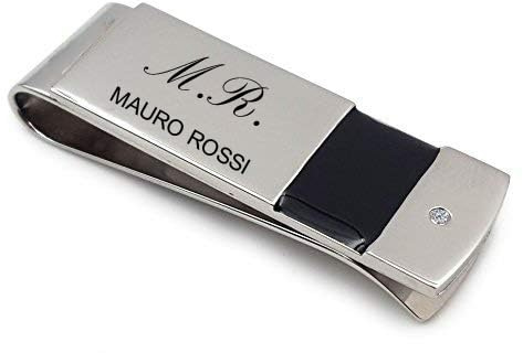 Ferma soldi in acciaio inossidabile clip banconote regalo elegante Uomo Donna placcato in oro bianco con incisione personalizzata (Made in Italy) doppia incisione