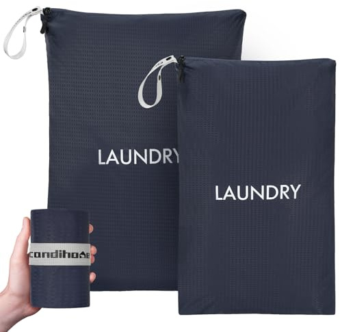 Travel Laundry Bag (2 Pcs - Large + Small) - Foldable Waterproof Washable Wet Dry Bag for Gym, Swimming, Yoga, and Workout Perfect for Dirty Clothes, Bathing Suits, Travel Accessories - Navy Blue
