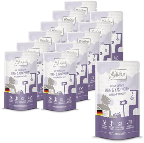 MjAMjAM - Nourriture humide premium pour chats - Quetschie - DUO de lapin et poulet juteux accompagné de courge à l’étuvée, pack de 12 (12 x 125g), sans céréales avec un supplément de viande