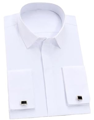 Camicia classica da uomo con bottoni nascosti sui polsini tinta unita camicia formale da lavoro a maniche lunghe (gemelli inclusi), bianco, L