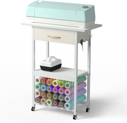 CRUDATE Organizadores y Almacenamiento Compatibles con Máquinas Cricut, Carrito de Almacenamiento para Manualidades con Cajón, Mesa para Manualidades con Soportes para Rollos de Vinilo, Estación de