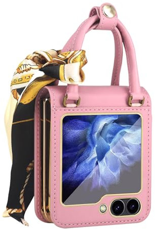 Premium Leather Case Galaxy Z Flip 6 with Hand Grip and Silk Scarf Chain Wrist Strap Cover for Women Z Flip6 Case Built-in Screen Protector for Samsung Z Flip 6 Phone Case, Pink