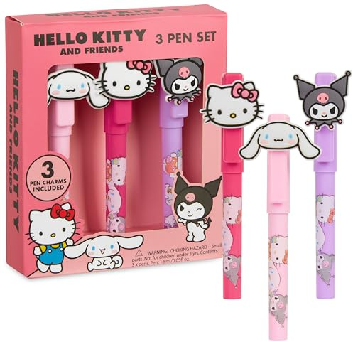 Hello Kitty Kugelschreiber 3er Set mit Cinnamoroll Kuromi Figurenaufsätzen Kawaii Stifte Kinder Schreibwaren Geschenke für Mädchen