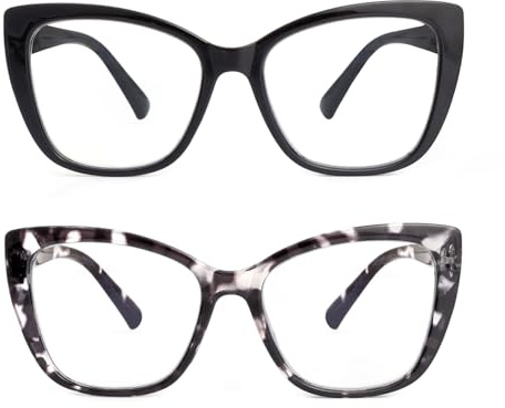 SKYWAY 2 Pack Occhiali da Lettura per Donna, Occhiali da Computer Oversize alla Moda con Blocco Luce Blu, Montatura Quadrata a Occhio di Gatto con Cerniera a Molla,Nero+Nero Tartaruga 1.0