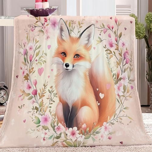 Kuscheldecke Flanell Decke Süß Blumen Füchse Warm Kuscheldecke Rosa Sherpa Weich Drucken Kuscheldecke für Kind Erwachsene Schlafzimmer 200 x 220 cm Decke