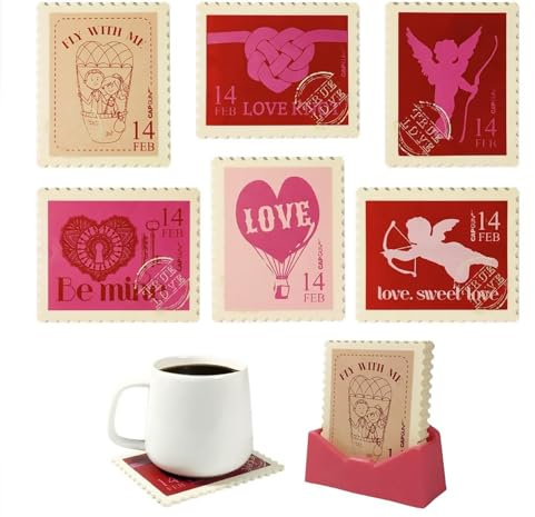 6 Piece Vintage Stamp Silicone Coaster Fit for All Kinds of Cups with Vintage Gift Box,Set for Cafes, Bars, Home&Stamp Lovers Collect,Unique Coffee Table Decor & Romantic Gifts for Couples