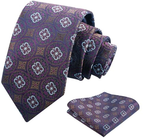 Alizeal Mens 3.15'' Vintage Necktie and Pocket Square Business Geometric Regular Patterns Tie and Hanky Set, Purple+Brown