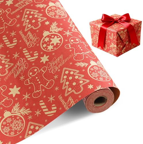 Presentpapper jul, 43 cm x 15 m julklappspapper julpapper rulle röd med julpepparkaksgubbe, presentpapper julpapper för julklappar födelsedag