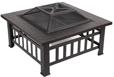Feuerschalen für Den Garten 81 x 43 cm große, quadratische Feuerstelle aus Metall for den Außenbereich, tragbar for Garten und Terrasse, inklusive Funkenschutzgitter, Schürhaken Abdeckung