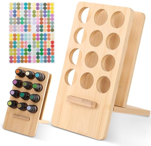 FARYODI Essential Oils Stand 12 Compartments Wooden Organiser with 192 Labels