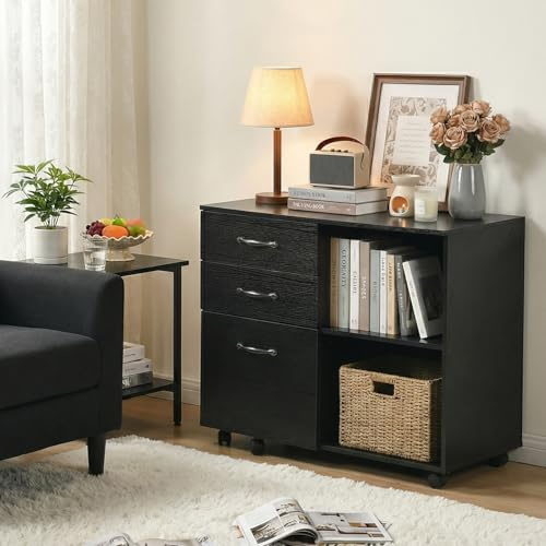 buybyroom Meuble de bureau à roulettes avec 3 tiroirs, en bois, armoire de bureau avec 5 roulettes, 2 compartiments ouverts, armoire de bureau, armoire de bureau, armoire à dossiers suspendus, table
