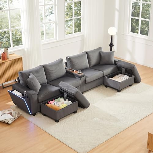 Ktipm Sofa de 4 Plazas Modular en Forma de U, Sofa para Salon con Iluminación LED y USB, Sofas de Salon con 2 Taburetes Almacenaje y Portavasos, Lámpara de Lectura, Sofá de Pana, 334x128.5x81 cm, Gris
