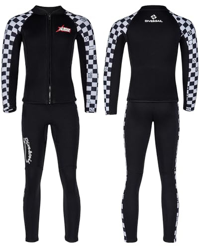 Combinaison en néoprène pour enfant - 2,5 mm - Haut - Pantalon long en néoprène - 2 pièces - Pour garçons et filles - Fermeture éclair - Chaud - Sports nautiques - Natation - Plongée - Surf - Kayak