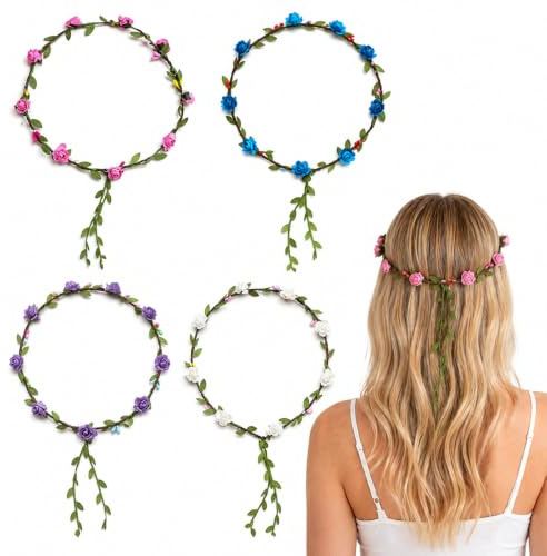 ARYIMYDP 4 Piezas Corona Flores Cabello Set, 4 Colores Rosa Azul Morado Blanco, Diadema Flores Bohemias con Banda Elástica, Accesorio Cabello para Festival Boda Fiesta