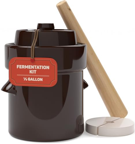 Kenley Barattolo per Fermentazione da 2 Litri - Vaso in Gres per Fermentare o Mettere in Salamoia Kimchi, Crauti, Sottaceti, Verdure, Kombucha - Fermentatore in Ceramica con Pesi, Coperchio e Pestello