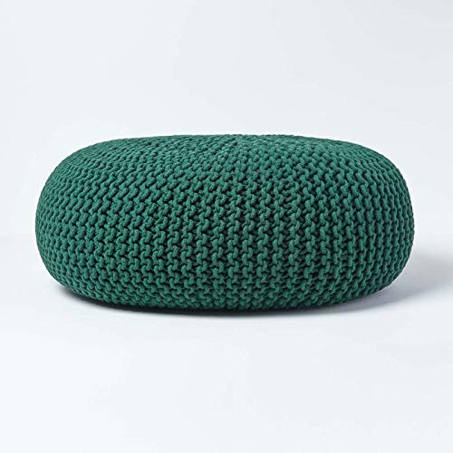 HOMESCAPES Pouf Rond tressé en Coton, Grand Pouf Tricot Coloris Vert Anglais, 70x23 cm