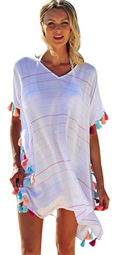 Robe de Plage Femme Boheme Courte Tunique Caftan Maillot de Bain Bikini Cover Up Frange Kaftan Sortie de Plage Chemise Legere Fluide Grande Taille Ete