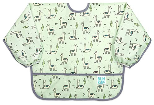 Bumkins Sleeved Bib, Handy Tie Closure for Custom Fit, Catch-All Pocket, Baby-Led Weaning, Waterproof, Machine Washable, Stain & Odour Resistant, BPA Free, 6-24 Months, Llama Design