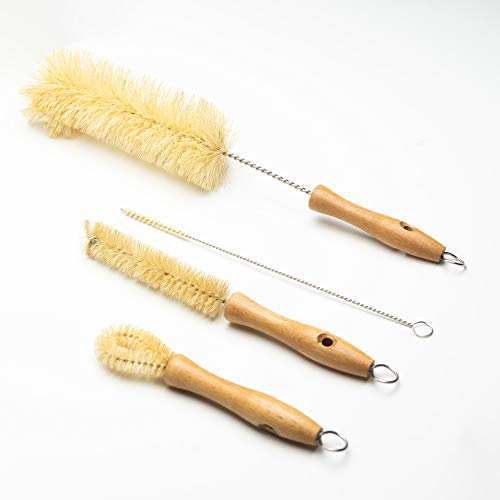 Bottle Brush and Straw Cleaner Set (NO PLASTIC) Sisal Bristles, Wood Handles, Stainless Steel and Plant-Based Bristles (Plastic-Free)