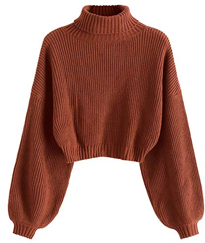 ZAFUL - Maglione elegante da donna, a maniche lunghe, con scollo a barca, a collo alto, a maniche lunghe, a spalle scoperte, corto, con struttura a costine, per autunno e inverno, L