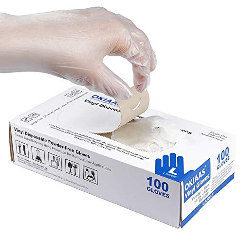 OKIAAS Vinyl Gloves(100PCS) Non Latex, Touch Screen|Examination|Kitchen Food Prep Safe|Plastic Household Washing Up Gloves Men Women Large