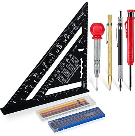 Ángulo de Carpintero Multifuncional 180 mm Transportador de Ángulo de Parada con Marcador de Agujero Profundo/Mina de Lápiz/Marcador de Centro/Lápiz de Metal/Lápiz de Carpintero para Madera