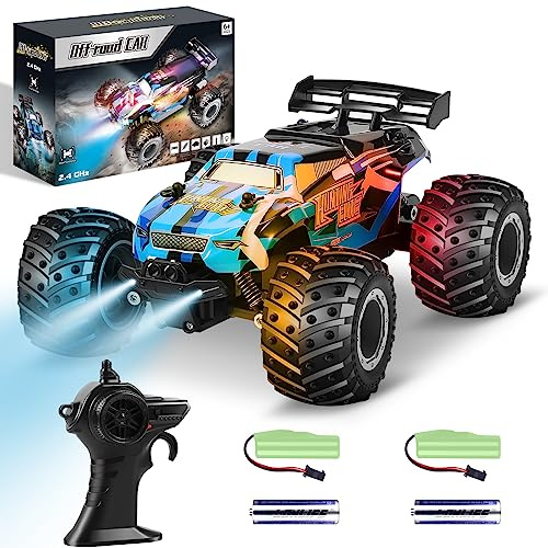 HENEROAR Remote Control Car, Remote Control Truck, 2.4Ghz All Terrain Off-Road Monster Truck, 20 KM/H Rc Cars with LED Bodylight and 2 Rechargeable Batteries Toys for Boys