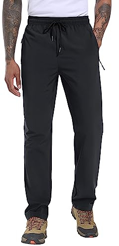MAGCOMSEN Mens Quick Dry Hiking Pants Lightweight Outdoor Trousers Stretch Breathable Athletic Tracksuit Bottoms with Zip Pockets, Black, 34