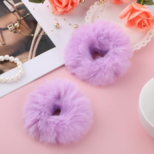 2 Pezzi Corda per Capelli Viola Pompon Fascia Peluche Scrunchie Finto Coniglio Capelli Bolla Elastico Bambino Fascia Accessori per Capelli Coda di Cavallo Ragazze Accessori per Capelli
