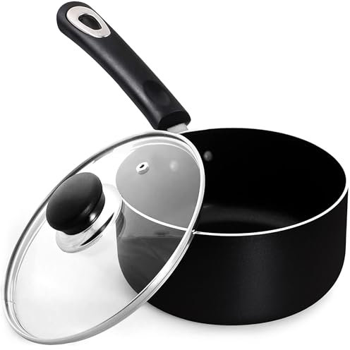 KICHLY 16 cm, 1.5Ltr Nonstick Saucepan with Glass Lid, Multipurpose Use for Home Kitchen or Restaurant, Milk Pan, 16cm, 1.5L, Black, 1 Piece