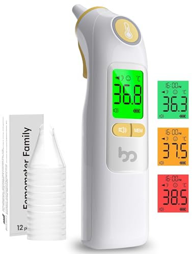Ohrthermometer, Fieberthermometer Ohr für Baby Erwachsene, digitales Infrarot-Thermometer mit 24 Einweg-Schutzkappen, hygienisch und genau, gelb