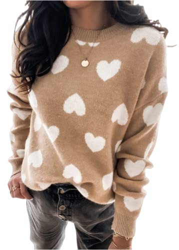 HEYPORK Damen Herbst Winter Warm Bequem Pullover Casual Mode Strickjacke Strickpullover Frauen Pullover Herz Gestrickt Valentinstag Pullover(A Khaki, XL)