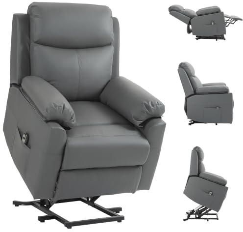 HOMCOM Riser and Recliner Chair for Elderly Overstuffed Charcoal Grey | PU Leather, Power Lift Chair, Thick Back, Headrest, Removable Armrests, Side Pockets, Living Room