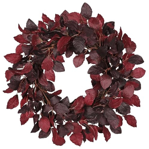 Briful 20 Autumn Wreath Artificial Fagus Leaves Door Wreath - 51CM Artificial Wreaths Burgundy Silk Fagus Sylvatica Autumn Leaf Wreaths - Rustic Thanksgiving & Halloween Decoration
