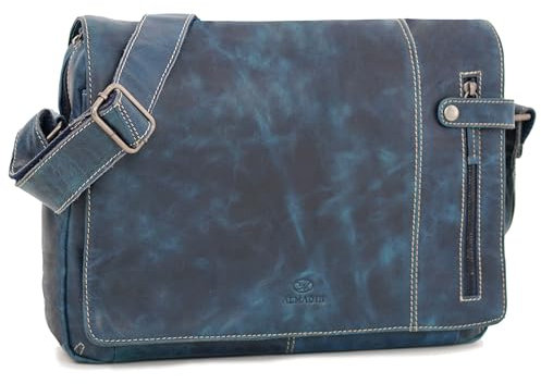 ALMADIH Leder Umhängetasche Herren DYLAN Premium Rindsleder BV - Ledertasche Laptop Fach 15 Zoll Aktentasche Messenger Unitasche Schultertasche Freizeittasche Tragetasche unisex (DYLAN Jeans blau)