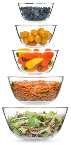 5pc Glass Mixing Bowls Sets (4.65QT, 2.80QT, 1.64QT, 1.16QT, 0.85QT), Glass Nesting Kitchen Thick Bowl for Baking, Cooking Prep, Storage, Large Salad Bowls Sets-Dishwasher Microwave Freezer Safe