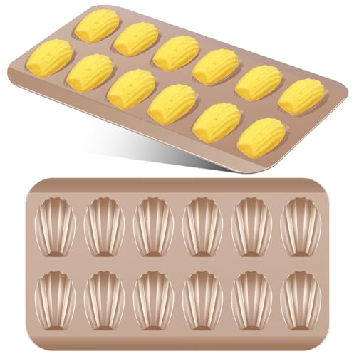 GWCYMYD 2 Pcs Madeleine Pans, 12 Cup Carbon Steel Madeleine Mold Cake Pan with Non-Stick Coating, Baking Moulds for Cakes Chocolate, Candy, Cookies (Champagne Gold)