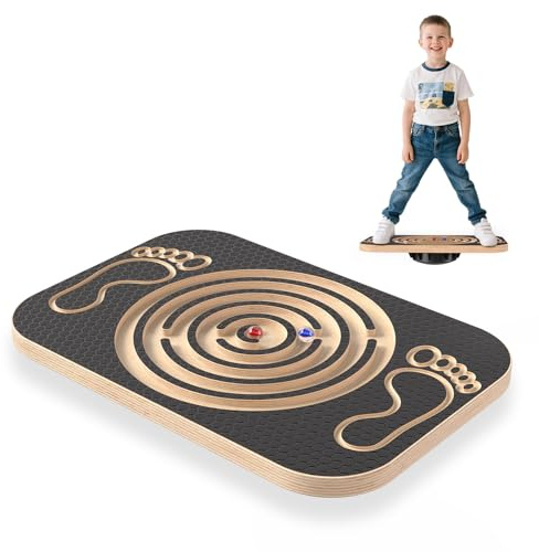 Hoyiyobi Tabla de equilibrio de madera para niños y adultos, con 2 laberinto de bolas integrado,Superficie Antideslizante