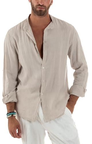 Giosal Camicia Uomo Lino Collo Coreano Maniche Lunghe Casual Regular Fit Basic Tinta Unita Vari Colori (IT, Testo, L, Regular, Regular, Beige)