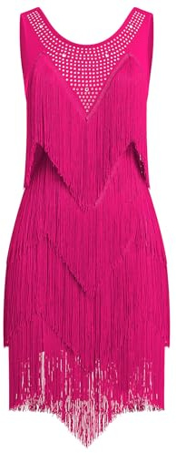 EFOGEP Abito da donna con nappa latina, stile vintage, anni '20, senza maniche, sexy, cocktail, feste, frange, flapper Fancy abiti, mini tango samba cha cha cha clubwear, Rosa caldo, S