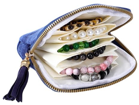 WJIAAA Small Blue Velvet Travel Jewelry Pouch with Compartments Zipper | Mini Jewelry Case, Mini Portable Organizer with Tassel Zipper, Storage Pouch for Earrings Necklaces Rings Bracelets