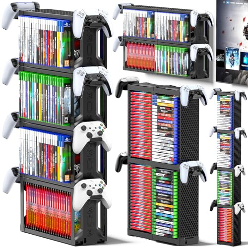 Kytok Video Game Disc Rack Tower Video Game Storage Universal for PS5/PS4/ XBOX One/Series/Nintendo Switch Game, Game Organizer Shelf Display Stand for Wall Mount/Desk/Floor with Controller Holder