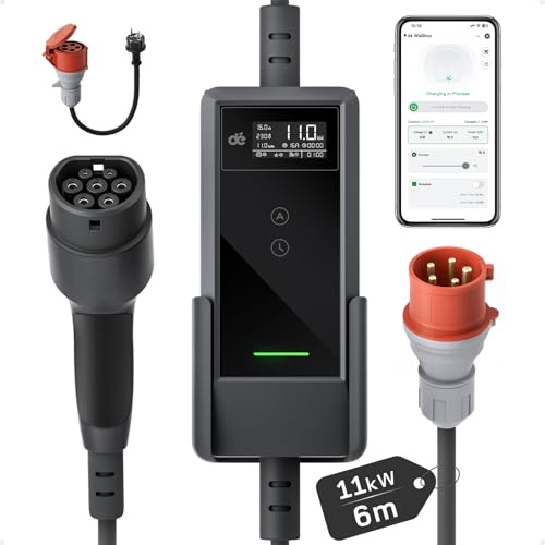 dé Mobile Wallbox 11 kW med app [6 m | 3-fas | 6–16 A], laddningskabel e Auto CEE-16 A 400 V till typ 2 med justerbar laddningseffekt, EV-laddare för ID.3/4/5/7, IX1, modell 3/Y och andra BEV/PHEV