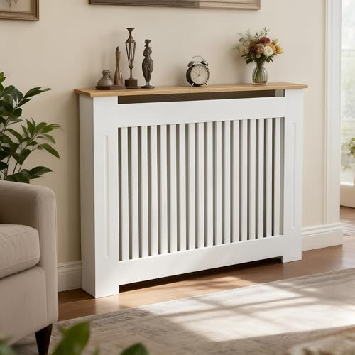 FATIVO Cubre Radiadores Blanco: 112x20x83cm con Estante de Veta de Madera | Cubre Radiador de MDF, Cubreradiador Moderno, Consola Auxiliar para Salón y Pasillo, Diseño Reforzado y Duradero