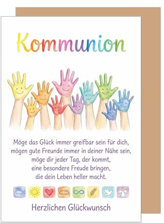 Edition Seidel Carte de vœux de qualité supérieure pour communion avec enveloppe - Carte de vœux avec inscription en allemand - Pour fille, garçon et adolescent - Motif mains colorées - Joyeux bonheur