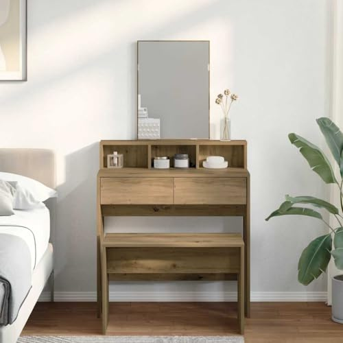 Mangloder Tabouret de coiffeuse en chêne Artisan 70 x 35 x 45 cm pour coiffeuse, tabouret de coiffeuse avec housse de coussin, maximum 110 kg par siège